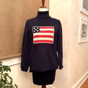 Liz‎ Claiborne Sweater Women Size Medium Flag Turtleneck Navy  100% Cotton